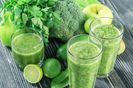 Fresh green smoothie from fruit and vegetables, healthy eating, selective focusの写真素材