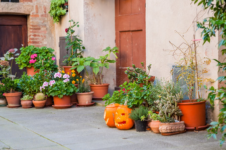 Beautiful quiet streets of ancient European city, Pienza, Italyの写真素材
