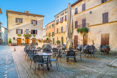 Beautiful quiet streets of ancient European city, Pienza, Italyの写真素材