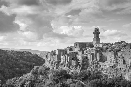 A view of ancient Italian town Pitigliano, b&w landscape, Tuscany, Italyの写真素材