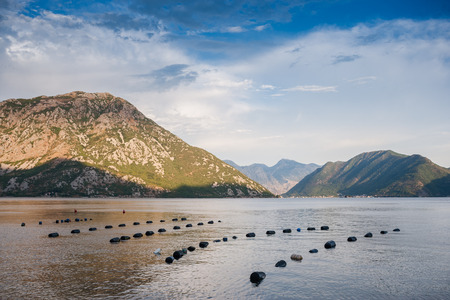 Beautiful seascape with boats and mountains, Adriatic landscape, Montenegro