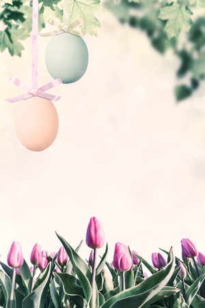 Holiday background with Easter eggs and flowers in grass. Vintage styleの写真素材