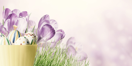 Easter vintage background with flowers and eggs in basket, place for your text. Film filter, retro styleの写真素材