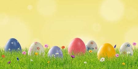 Easter holiday background with painted eggs and flowers in grass. Place for your text, copy space