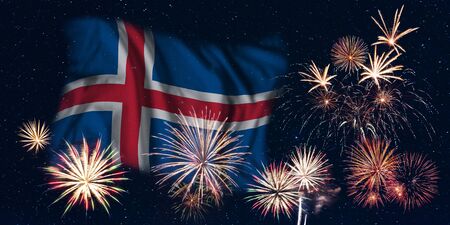 Holiday sky with fireworks and flag of Iceland, independence day of countryの写真素材