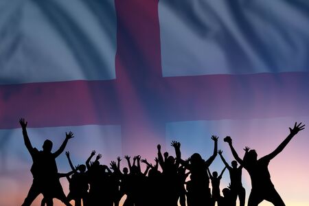Peoples silhouette on flag and sky background, day of England, independence holidayの写真素材