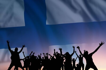 Peoples silhouette on flag and sky background, day of Finland, independence holidayの写真素材