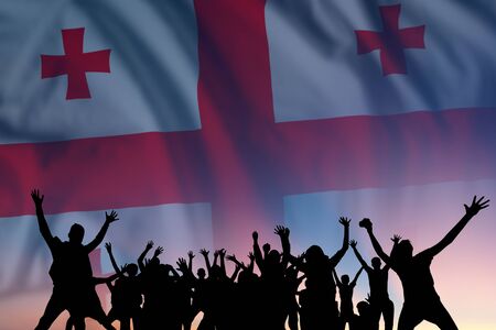 Peoples silhouette on flag and sky background, day of Georgia, independence holidayの写真素材