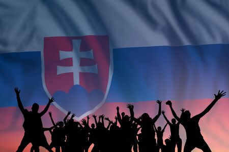 Peoples silhouette on flag and sky background, day of Slovakia, independence holiday の写真素材