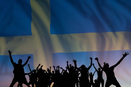 Peoples silhouette on flag and sky background, day of Sweden, independence holiday の写真素材