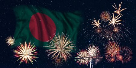 Holiday sky with fireworks and flag of Bangladesh, independence day of countryの写真素材