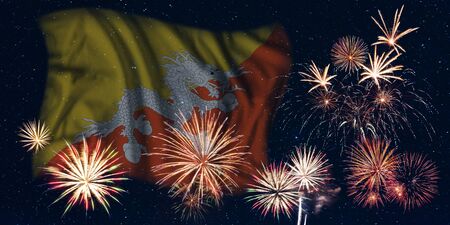 Holiday sky with fireworks and flag of Bhutan, independence day of countryの写真素材