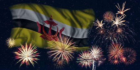 Holiday sky with fireworks and flag of Brunei, independence day of countryの写真素材