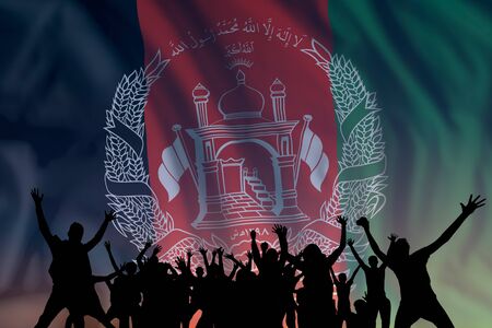 Peoples silhouette on flag and sky background, day of Afghanistan, independence holiday の写真素材