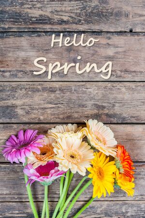 Nature rustic background with gerbera flowers and hello spring lettering, selective focusの写真素材