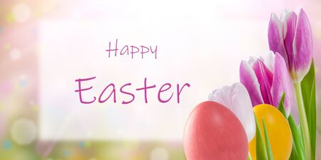 Easter painted eggs on and flowers, holiday background for your decoration. Egg hunt, copy space, "Happy Easter" letteringの写真素材