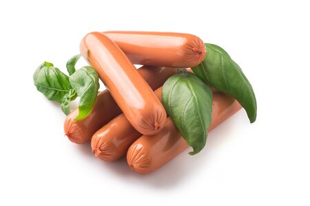 Boiled sausages isolated on white background. Breakfast, dinner, lunch, fast foodの写真素材
