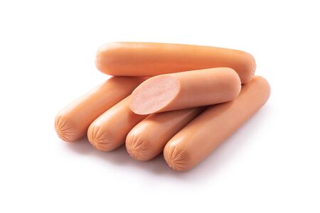 Boiled sausages isolated on white background. Breakfast, dinner, lunch, fast foodの写真素材