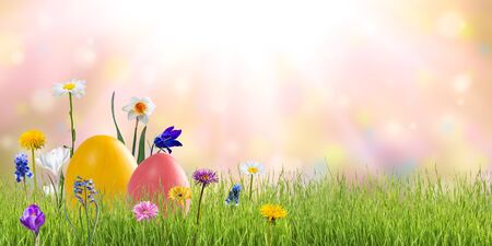 Easter colorful eggs and wild flowers, holiday background for your decoration. Egg hunt, copy spaceの写真素材