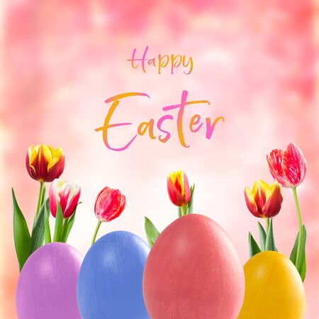 Easter eggs and tulip flowers, holiday background for your decoration. Egg hunt, "Happy Easter"  letteringの写真素材