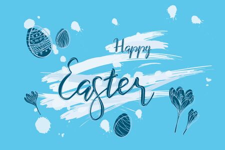Happy Easter background with hand lettering and drawing holiday eggs, greeting card with silhouetteのイラスト素材