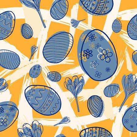 Easter seamless pattern with hand drawing holiday eggs on white background. For greeting cards and creative decorate.のイラスト素材