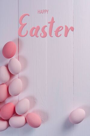 Easter colorful eggs greeting card, holiday background for your decoration. Egg hunt, Happy Easterl hand etteringの写真素材