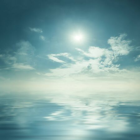 Nature background with majestic sky reflection in water, place for text. Vintage stylization, retro film filterの写真素材
