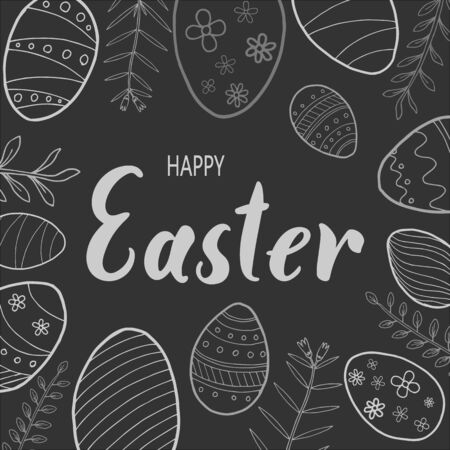 Happy Easter background with hand drawing holiday eggs and lettering, black and white greeting card with silhouetteのイラスト素材