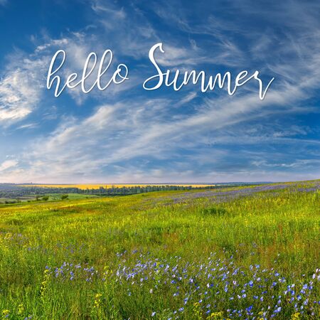 Summer landscape with blue flower meadow and beautiful clouds in the sky and hand lettering hello summer. Seasonal greeting card or bannerの写真素材