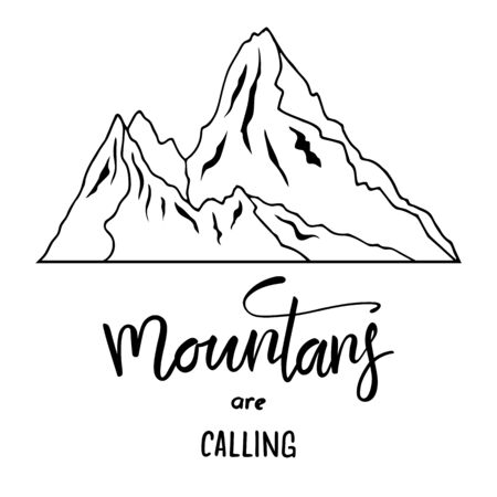 Mountains are calling lettering hand typography text isolated for mountaineering and climbing poster design. Letter for greeting card or banner decorating. Vector 10 EPSのイラスト素材