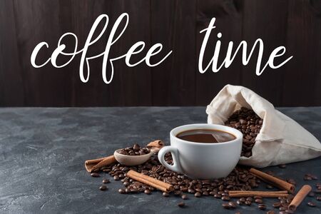 Food background with aromatic cup of arabica and hand lettering coffee time, great start to the day. Coffee break, copy spaceの写真素材
