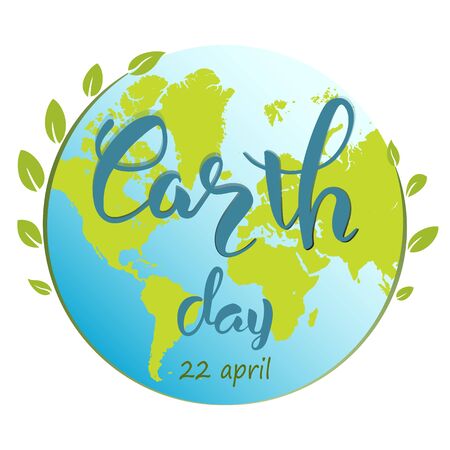 Earth day lettering hand text on the globe with world map for greeting card or banner. Vector 10のイラスト素材