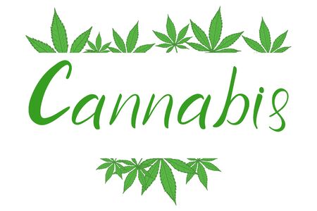 Cannabis hand lettering text and green leaves of marijuana, vectorのイラスト素材