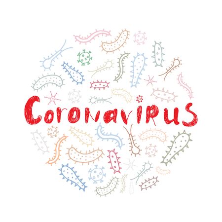 Wuhan coronavirus covid-19 childish style hand lettering with bacteria icon. For stop virus information conceptのイラスト素材