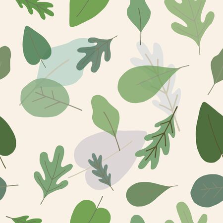 Seamless nature green pattern with hand drawing different summer leaves for greetin card decoration. Vector EPS 10のイラスト素材