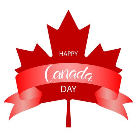 Happy Canada day hand lettering text on ribbon for national holiday in colour of flag. Greeting card., banner or wallpaper. Vector 10 EPSのイラスト素材