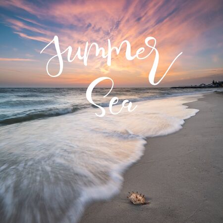 Morning landscape with waves and shell on sand beach and hand lettering text Summer seaの写真素材