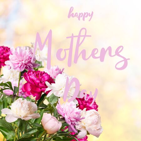 Holiday greetings card with peonies flowers and hand lettering text Happy Mothers Dayの写真素材