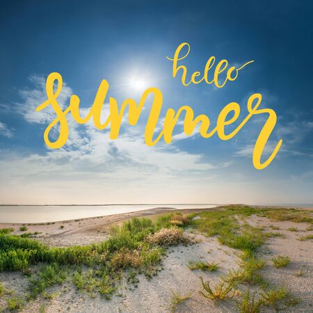 Hello summer hand lettering text and landscape with beautiful sea and sandy beach, waves and sunの写真素材