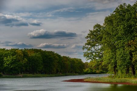 Summer landscape with morning forest and beautiful evening sky reflection in waterの写真素材