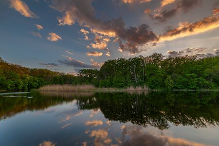 Summer landscape with morning forest and beautiful evening sky reflection in waterの写真素材