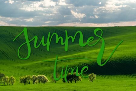 Summer banner with green hills in the rays of evening sun and hand lettering text, agricultural landscapeの写真素材