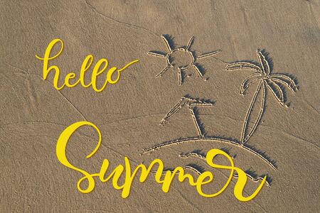 Vacation banner with drawing island and palms on sand and hand lettering text hello summer, sea shore, copy spaceの写真素材