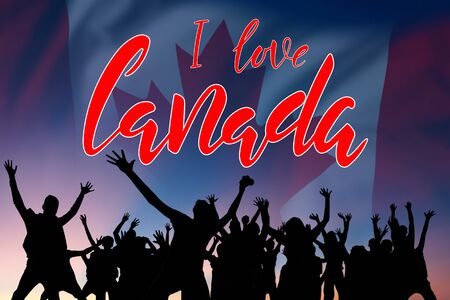 I love Canada hand lettering text and flag in sky for national independence holiday, card or bannerの写真素材