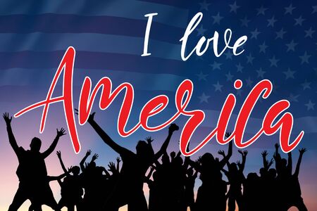 I love America hand lettering text and flag in sky for national independence holiday, card or bannerの写真素材
