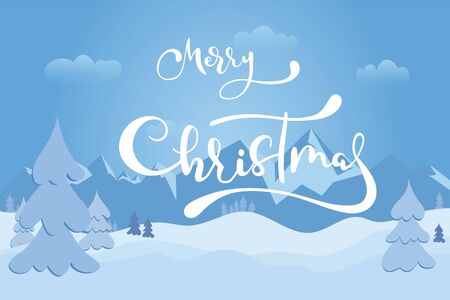 Merry Christmas hand lettering text and winter view on forest and mountains, landscape with white snow on fir trees. Vector illustration EPS 10のイラスト素材