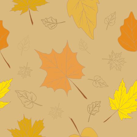 Seamless nature autumn season pattern with hand drawing different fall leaves for greeting card decoration.のイラスト素材
