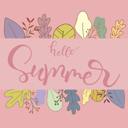 Summer hand lettering modern calligraphy text with leaves for greeting card or bannerのイラスト素材