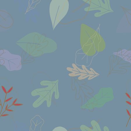 Seamless nature summer season pattern with hand drawing different leaves for greeting card decoration.のイラスト素材